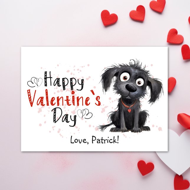 Tarjeta Festiva Personalizado lindo Black Puppy Feliz San Valentín (Cute Cartoon Black Puppy Happy Valentines Holiday Card - Cute Cartoon Black Puppy, Printable)