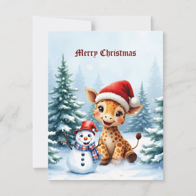 Tarjeta Festiva Personalizado lindo Giraffe con Santa Hat y Snowma (Anverso)