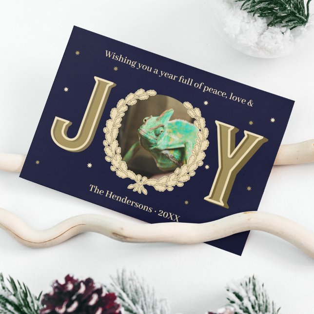 Tarjeta Festiva Personalizado Mascota Reptile Foto Navidades de la (Custom Reptile Pet Photo Blue Gold Joy Christmas Holiday Card
)
