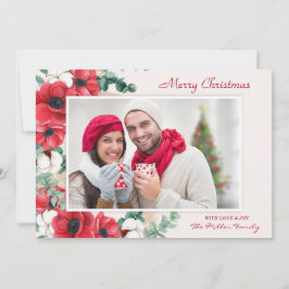 Tarjeta Festiva Personalizado Merry Christmas Floral Photo