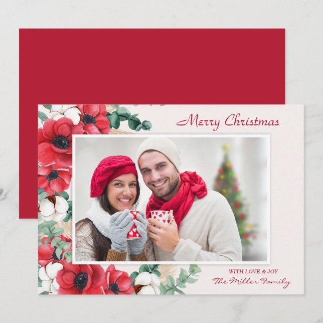 Tarjeta Festiva Personalizado Merry Christmas Floral Photo (Anverso / Reverso)