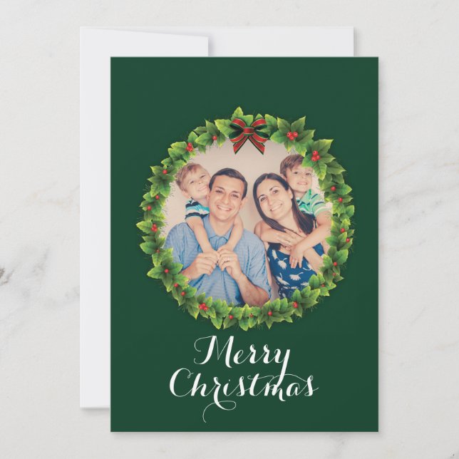 Tarjeta Festiva Personalizado Merry Christmas Wreath Family Photo (Anverso)