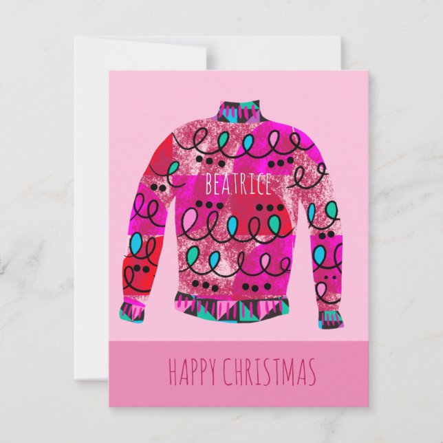 Tarjeta Festiva Personalizado Navidades feos suéter rosado (Anverso)