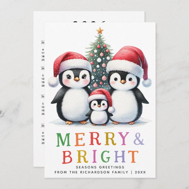 Tarjeta Festiva Personalizado Navidades modernos de moras y pingüi (Anverso / Reverso)