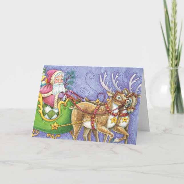 Tarjeta Festiva Personalizado Navidades Santa Claus Sleigh Reindee (Anverso)