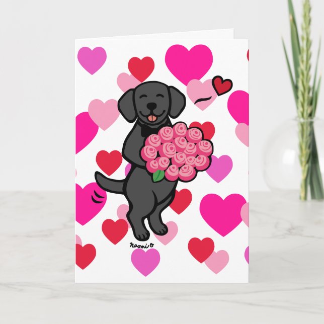 Tarjeta Festiva Personalizado negro de Labrador Rosas San Valentín (Anverso)