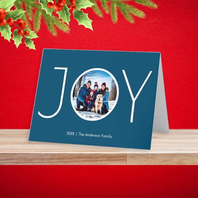 Tarjeta Festiva Personalizado Nombre de la foto Navidades simples  (Send joyful Christmas greetings with this blue card, customizable with photo and name(s))