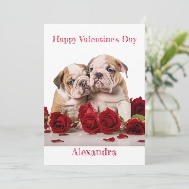 Tarjeta Festiva Personalizado Par de Cachorros de Bulldog Valentín (Anverso de pie)