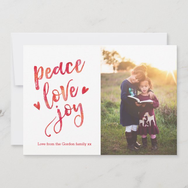 Tarjeta Festiva Personalizado Peace love joy Christmas photo card (Anverso)