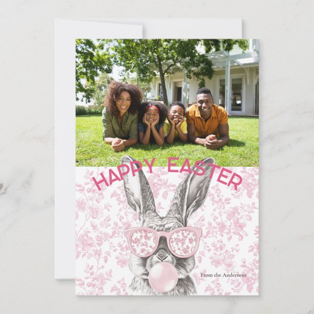 Tarjeta Festiva Personalizado preppy Floral Bubblegum Bunny foto P (Anverso)