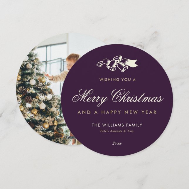 Tarjeta Festiva Personalizado Purple Gold Photo Merry Christmas (Anverso / Reverso)