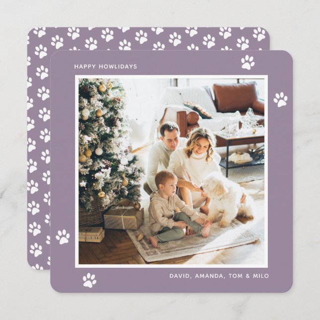 Tarjeta Festiva Personalizado Purple Paw Photo Happy Howlidays Car (Anverso / Reverso)