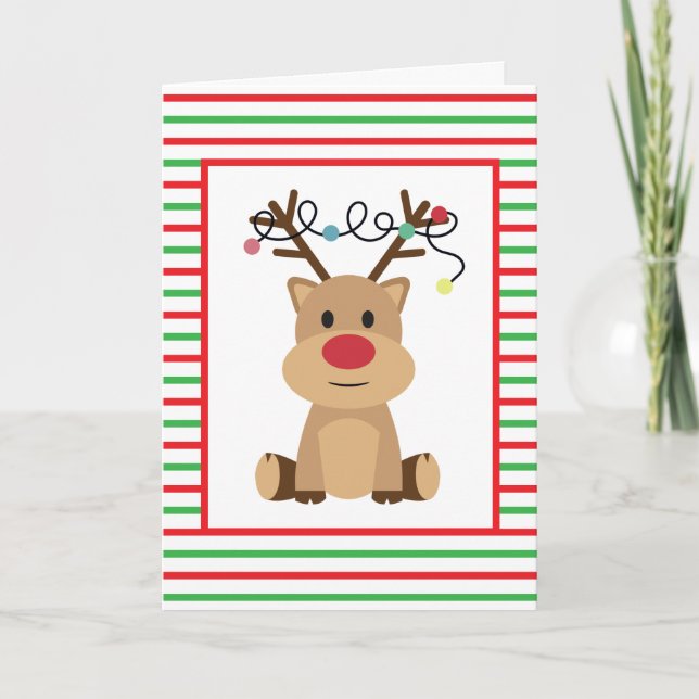 Tarjeta Festiva Personalizado Red Green Candy Stripes Reindeer QR  (Anverso)