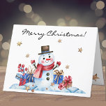 Tarjeta Festiva Personalizado, retro caprichoso Snowman Feliz Navi<br><div class="desc">Una divertida y caprichosa tarjeta de invierno de Feliz Navidad decorada con un muñeco de nieve retro con un sombrero top, rodeado de paquetes envueltos y estrellas de oro en caída. Cambie fácilmente el texto de guión elegante en el frente, en el interior y en la parte posterior para que...</div>