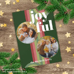 Tarjeta Festiva Personalizado Retro Resumen Patrón de arte Waves<br><div class="desc">Tarjeta de saludo de temporada de Navidades clásicos contemporáneos con un patrón abstracto de color verde claro y oscuro, rosa y rojo con un texto de deseo JOYFUL blanco y crujiente. Con espacio para personalizar o personalización con dos fotos, un nombre de familia (o nombres individuales) en la parte delantera,...</div>