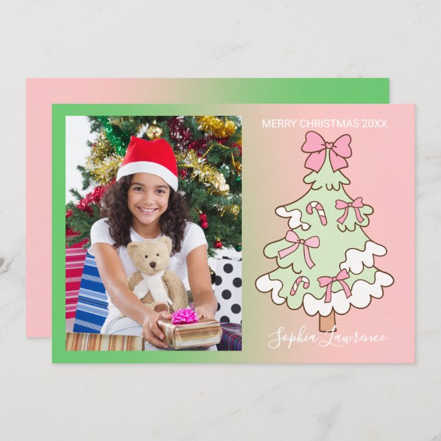 Tarjeta Festiva Personalizado Rosa Y Verde Navidades De Fotografía (Anverso / Reverso)