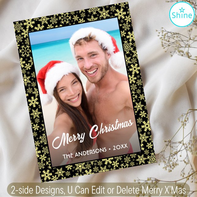 Tarjeta Festiva Personalizado Snowflake Foto Diseño negro y dorado (Subido por el creador)