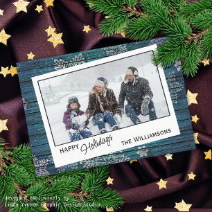 Tarjeta Festiva Personalizado Snowflakes & Barnwood Planchas de ma