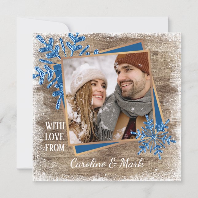 Tarjeta Festiva Personalizado Snowflakes & Barnwood Planchas de ma (Anverso)