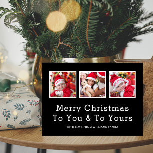 Tarjeta Festiva Personalizado Tres Foto Simple Black Merry Christm