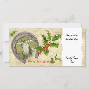 Tarjeta Festiva Personalizado Vintage Horseshoe Holly
