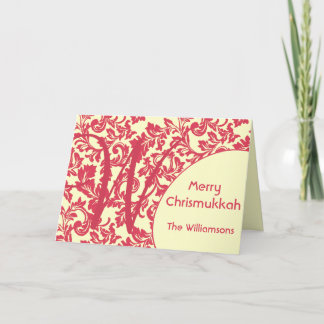 Tarjeta Festiva Personalizado y Monograma Red Damask Chrismukkah