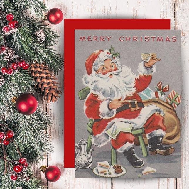 Tarjeta Festiva personalizados de Santa con té y galletas de los a (1950s Santa with Tea and Cookies Custom Christmas Holiday Card. Add a special message and your name!)
