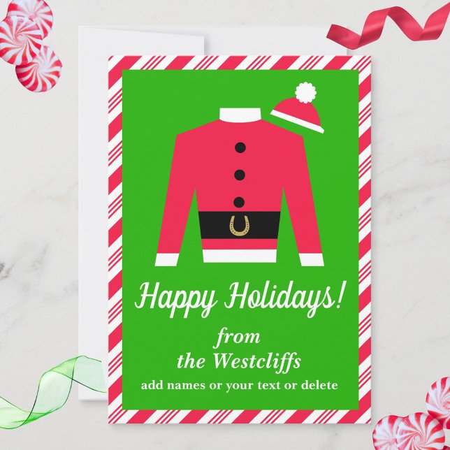 Tarjeta Festiva Personalizan las sedas de jockey sobre Carreras de (Santa Claus jockey silks on a bright green background. Unique horse racing holiday greeting card.)