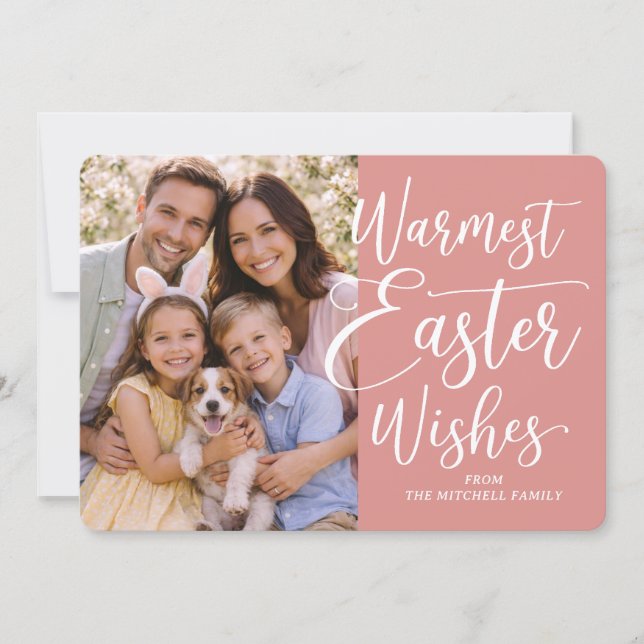 Tarjeta Festiva Personalized Family Photo Happy Easter Coral Pink (Anverso)