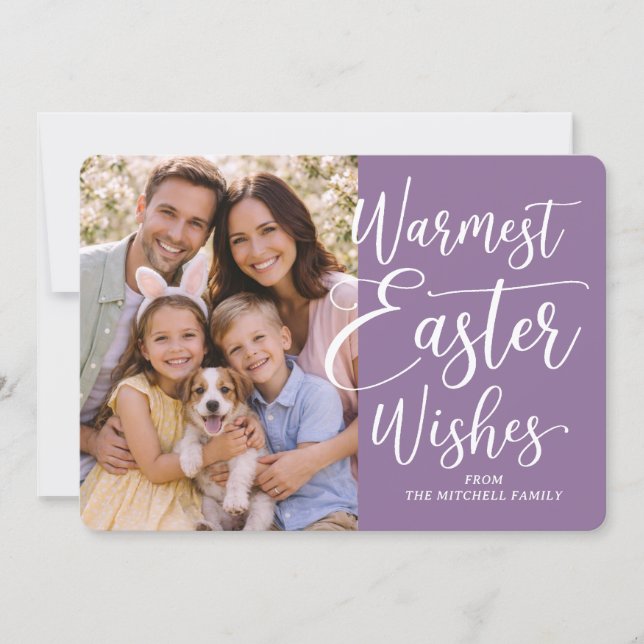 Tarjeta Festiva Personalized Family Photo Happy Easter On Purple (Anverso)