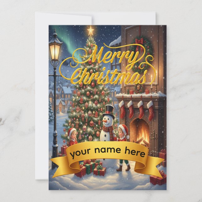 Tarjeta Festiva Personalized Gold Ribbon Winter  Christmas Card (Anverso)