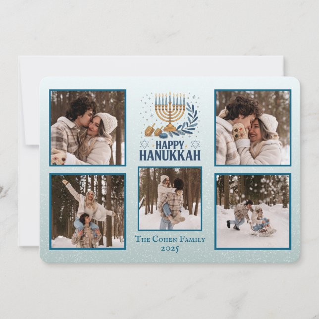 Tarjeta Festiva Personalized Happy Hanukkah Card with 5 Photos (Anverso)