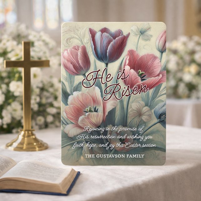 Tarjeta Festiva Personalized He Is Risen Tulips Floral Easter Card (Subido por el creador)