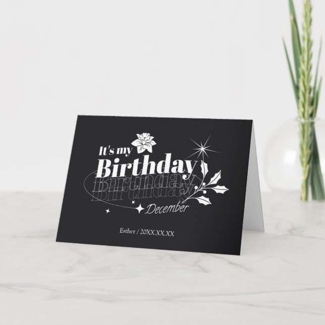 Tarjeta Festiva Personalized Modern Black Floral December Birthday (Anverso)