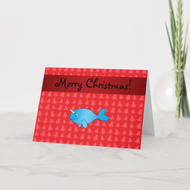 Tarjeta Festiva Personalized name narwhal red christmas trees (Anverso)