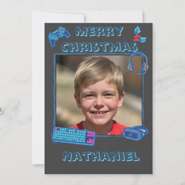 Tarjeta Festiva Personalized Neon Gamer Photo Flat Christmas  (Anverso)
