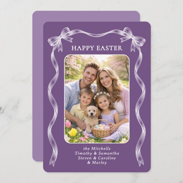 Tarjeta Festiva Personalized Photo White Ribbon On Violet Easter (Anverso / Reverso)