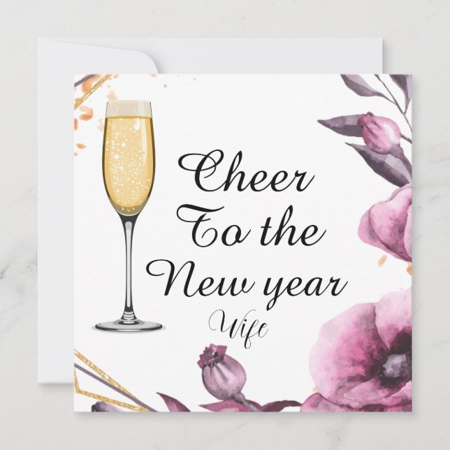Tarjeta Festiva Personalized pink floral champagne glass typograph (Anverso)
