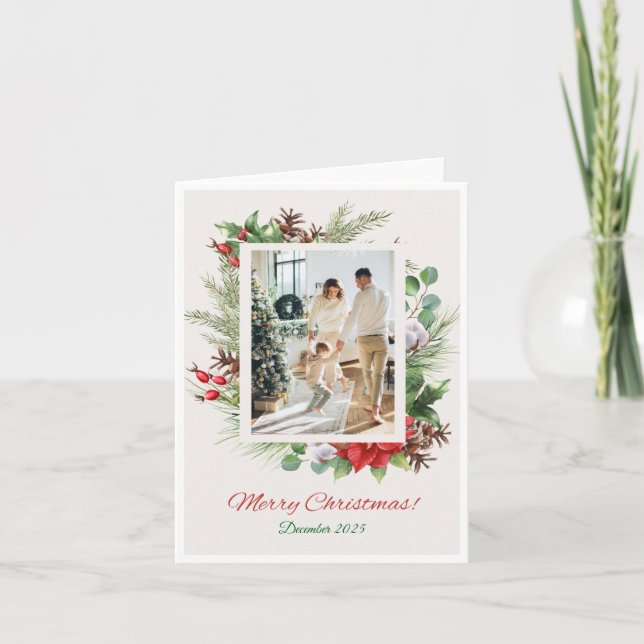 Tarjeta Festiva Personalized Red & Green Floral Christmas Card  (Anverso)