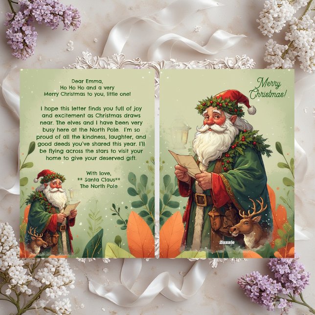 Tarjeta Festiva Personalized Santa Claus North Pole Reindeer Green (Personalized Santa Claus North Pole Reindeer Green Holiday Card)
