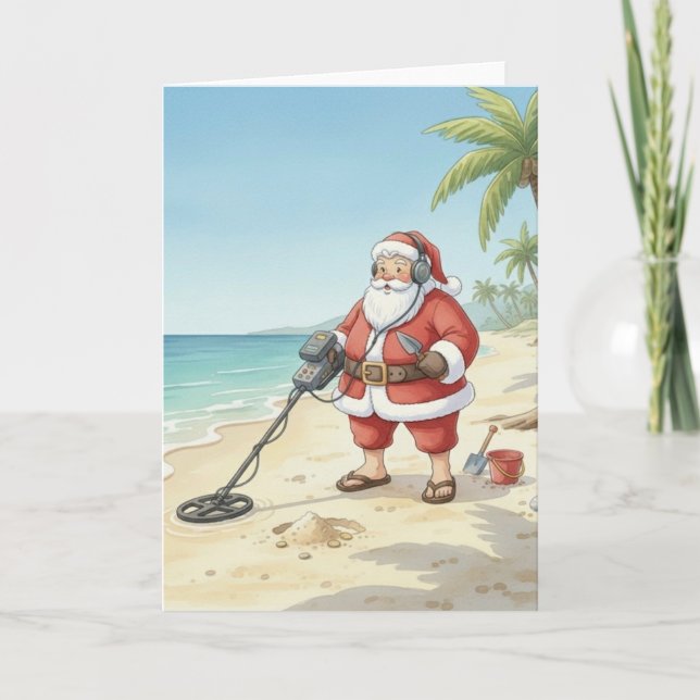 Tarjeta Festiva Personalized Santa doing Metal Detecting on beach (Anverso)