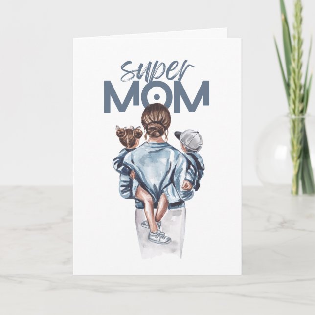 Tarjeta Festiva Personalized Super Mom with Son and Daughter Gift (Anverso)
