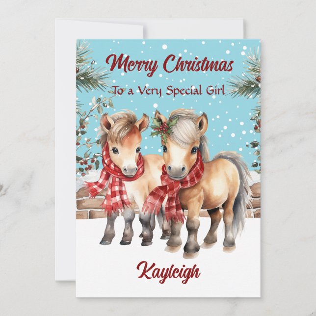 Tarjeta Festiva Personalized Watercolour Pony Flat Christmas (Anverso)