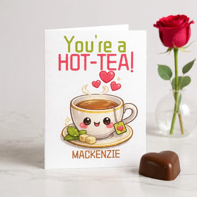 Tarjeta Festiva Personalized You Are a Hot Tea Valentine Pun Funny (Personalized You Are a Hot Tea Valentine Pun Funny Holiday Card by Ricaso. Add recipients name)