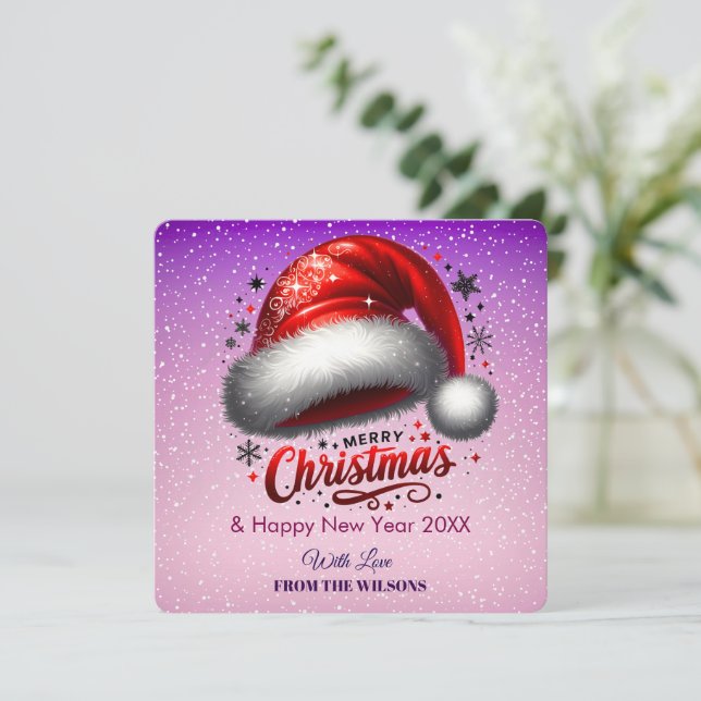 Tarjeta Festiva Personlized Scarlet Santa Hat Glow Photo Card (Anverso de pie)