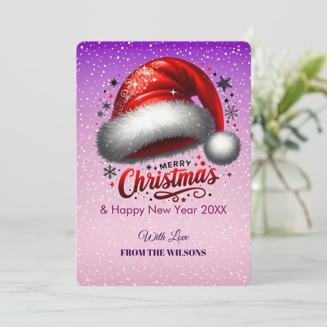 Tarjeta Festiva Personlized Scarlet Santa Hat Glow Photo Card (Anverso de pie)