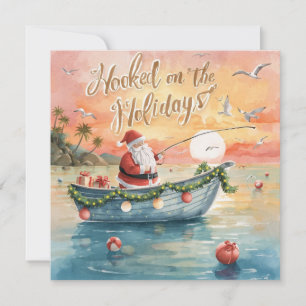 Tarjeta Festiva Pesca "enganchada en las vacaciones" con Santa Cla