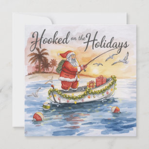Tarjeta Festiva Pesca "enganchada en las vacaciones" con Santa Cla