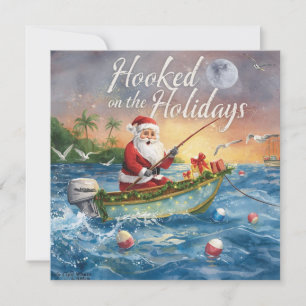 Tarjeta Festiva Pesca "enganchada en las vacaciones" con Santa Cla
