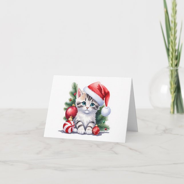 Tarjeta Festiva Pestaña gris y blanca Santa Kitten BLANK (Anverso)